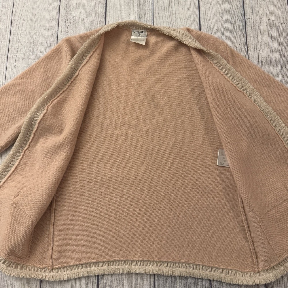 CHANEL 03A Pink 100% Cashmere Fringe Trim Open Front Cardigan Sweater Size 42 - Picture 10 of 13
